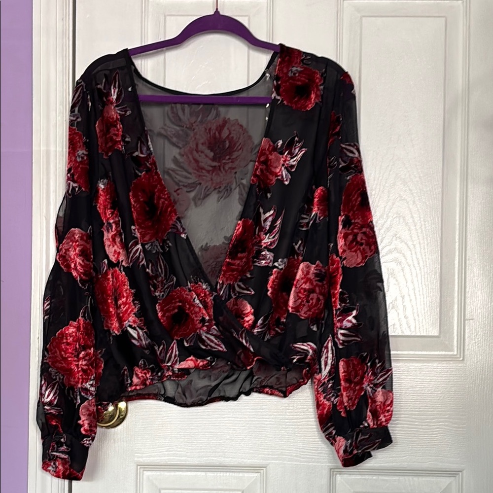 Charlotte Russe Red and Black Velvet Wrap Blouse